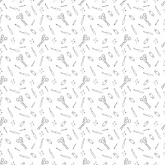 Seamless pattern with crochet hook and knitting tools. Doodle outline illustration.