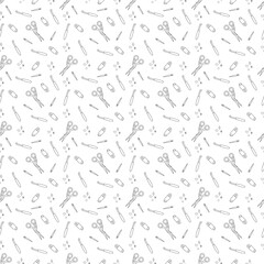 Seamless pattern with crochet hook and knitting tools. Doodle outline illustration.