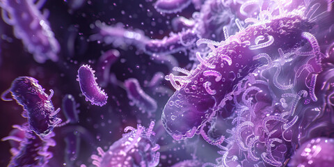 Amethyst Bacterial Genomic Diversity: Detailed analysis of amethyst-colored bacterial genomes and genetic variations, illustrating evolutionary adaptations and diversity within bacterial populations