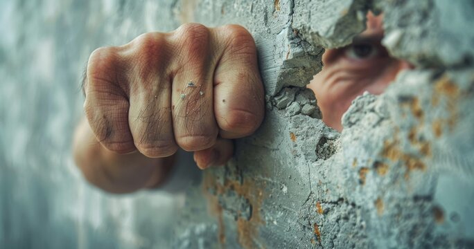 Closeup businessman hand breaking the concrete wall with his fist