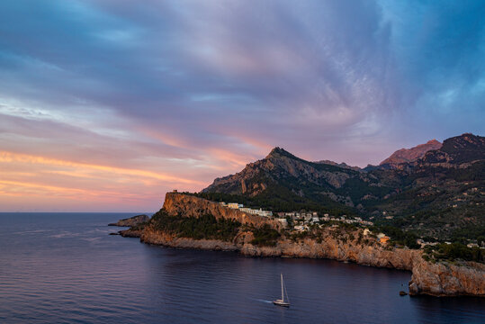 Cap de Sa Creu cape sunset view, Port de Soller, Sierra de Tramontana mountains, Majorca, Balearic Islands, Spain