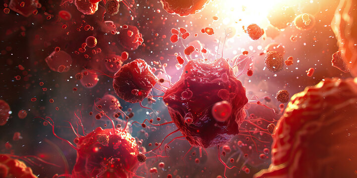 Vermilion Host Immune Response Activation: High-resolution microscopy depicting vermilion-colored immune cell activation and cytokine release in response to bacterial invasion