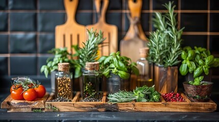 Relaxing and balanced scene in a KETO kitchen, with fresh herbs, flavored oils, and high-quality cooking utensils on display, soft light, healthy eating concept, banner