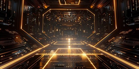 a image of a futuristic sci - fi space station with a yellow light