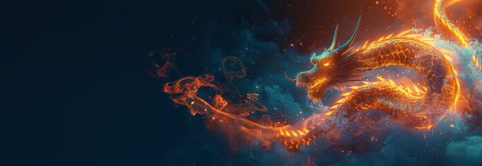 Chinese dragon neon glow and smoke. Chinese New Year 2024, Year of the Dragon animation, flickering colorful neon sign, Chinese Dragon with New Year greetings on black background