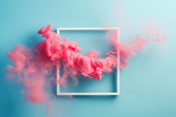White frame background with pink smoke cloud. Abstract pastel pink color paint with pastel blue background. Fluid composition with copy space. Minimal natural luxury.