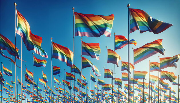 Viele Regenbogenflaggen vor blauem Himmel