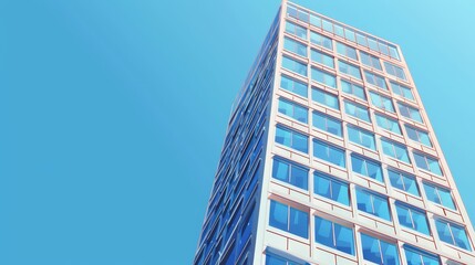 Modern skyscraper with numerous windows, set against a bright blue sky. Ideal for illustrating cityscapes and architecture