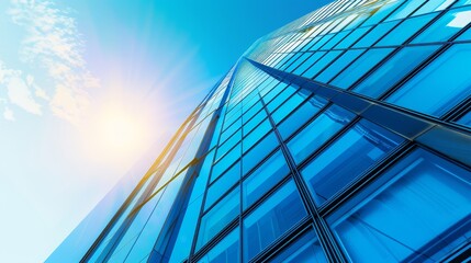 Obraz premium Modern skyscraper with numerous windows, set against a bright blue sky. Ideal for illustrating cityscapes and architecture