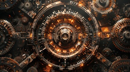 Steampunk retro-futuristic machinery background with intricate gears and industrial elements, banner