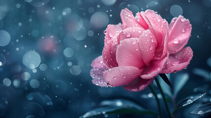 Peony flower, water drops, dark nature bokeh background, copy space