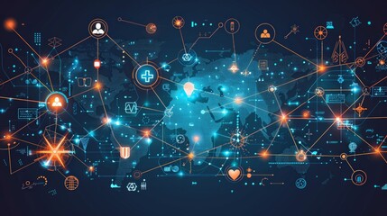 Global Health Network: Capture a public health background featuring a digital network of interconnected medical icons and world maps, representing global health initiatives.