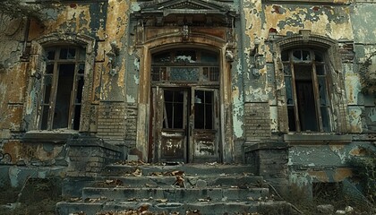 Fototapeta premium Front view of an old, abandoned building with crumbling walls, broken windows, and decaying architecture, showcasing urban decay