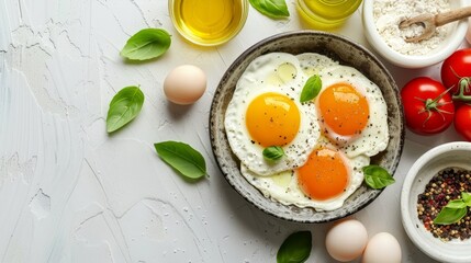 Meal preparation moment for the ketogenic eggs diet, with fresh ingredients and a mix of vibrant colors, white background, flat lay, healthy eating concept, banner, empty space