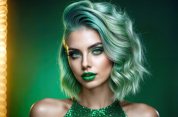 Naklejka premium lady with extravagant green hair and bright, expressive makeup poses for a creative photo shoot, showing off her creative personality