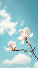 Beautiful magnolia blossoms with blue sky background, highlighting vivid colors.