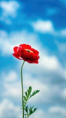 Naklejka premium Beautiful ranunculus blossoms with blue sky background, highlighting vivid colors.