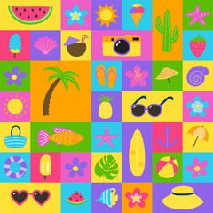 Colourful abstract summer background with icons. Vector illustration