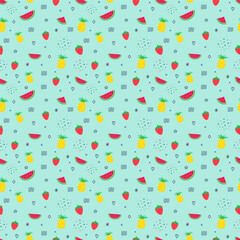 Summer seamless pattern with fruits - watermelon, pineapple and strawberry. Vector illustration