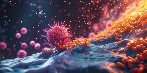 Host Immune Response Activation: High-resolution microscopy depicting immune cell activation and cytokine release in response to bacterial invasion, highlighting inflammation pathways