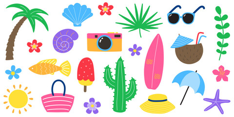 Cute hand drawn summer icon set. Background with cartoon holiday stickers. Vector illustration