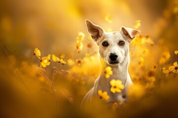 Obraz premium A photo of a beautiful Jack Russell terrier dog standing in a meadow, facing the camera, bathed in dappled sunlight. The serene setting highlights the dog's calm and content expression.