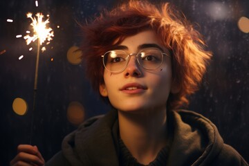 A non-binary individual holding a sparkler and gazing at fireworks on New Year's Eve, filled with wonder