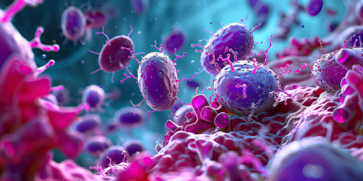 Antibiotic Mode of Action: Detailed view of antibiotics interacting with bacterial cells, illustrating mechanisms of microbial inhibition