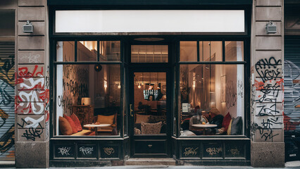 Chic vintage black cafe shop facade with windows, blank signage to put brand logo, mockup, coffee business