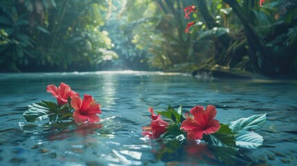 A stunning bunch of hibiscus flowers submerged in clear, flowing water, presenting a serene and captivating underwater view.