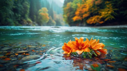 A bunch of lily flowers submerged in clear, flowing water, creating a tranquil and elegant underwater scene.