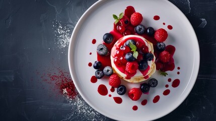 Summer pancake with berries on white plate. Food top view