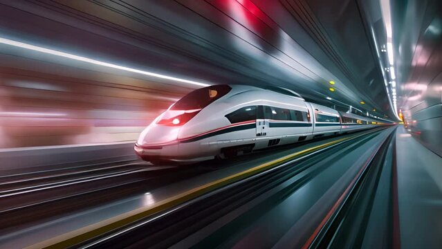 Double exposure featuring a sleek bullet train traversing a hyperloop tunnel, blurring the lines between reality and fiction.