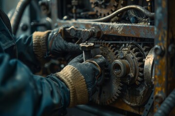 A close-up view of a gloved hand carefully tightening a bolt on a complex machine generated by AI
