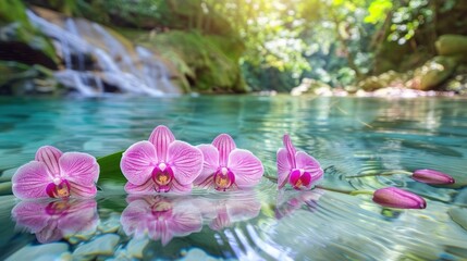 Beautiful orchid flowers gracefully submerged in clear, flowing water, showcasing their elegant...