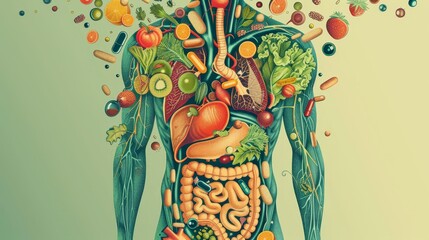 A detailed, educational illustration of the human body showing where different vitamins generated by AI