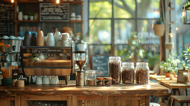 minimalist artisan coffee shop with wooden counter and sleek espresso machine, small business owner, hipster vibes
