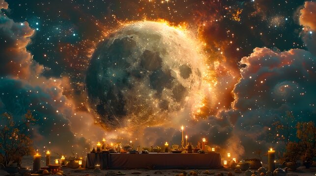 Ramadan Table Laden with Traditional Foods Basks in Crescent Moons Ethereal Glow Against a Swirling Nebula Backdrop