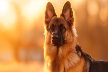 A photo of a beautiful German shepherd dog standing in a meadow, facing the camera, bathed in dappled sunlight. The serene setting highlights the dog's calm and content expression.