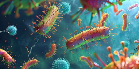 Naklejka premium Bacterial Endotoxin Release: High-resolution view of bacterial endotoxins being released, triggering inflammatory responses in host cells