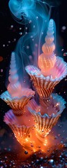 Fototapeta na wymiar Magical fantasy glowing seashells emitting colorful light and smoke, creating an enchanting underwater scene with vibrant, mystical energy.
