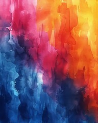 Vibrant abstract watercolor painting with bright blue, red, and yellow hues creating a dynamic and eye-catching composition.