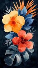 Vibrant floral artwork featuring bold orange and red flowers with blue and green foliage on a dark background.