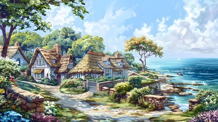 Whimsical Thatched Roof Cottages Nestled in a Charming Seaside Hamlet with Picturesque Ocean Vistas and a Serene Pastoral Backdrop