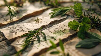 Delicate paper flags with herb names written in calligraphy