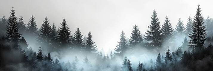 Obraz premium Pine forest in haze background. Black and white landscape of northern spruce trees in mystical natural fog in wild