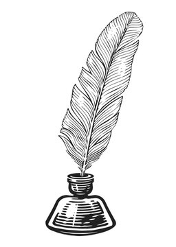 recommend clip art: Feather quill in inkwell. Vin...Feather quill in inkwell. Vintage pen and glass bottle of ink for writing. Hand drawn clipart drawing