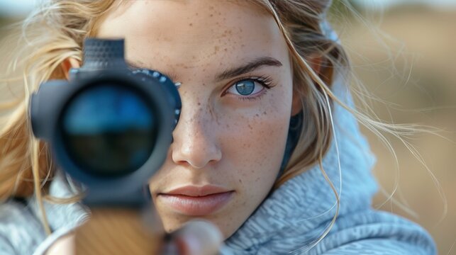 Female soldier aiming rifle in futuristic interface with advanced display technology