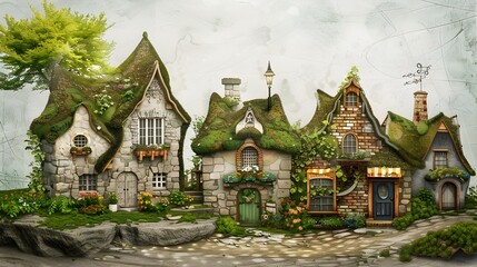Fototapeta premium Moss Covered Fairytale Cottages in Tranquil Seaside Village with Charming Stone Architecture and Thatched Roofs