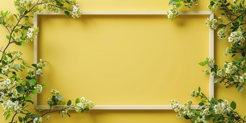 Empty frame with flowers on a yellow background